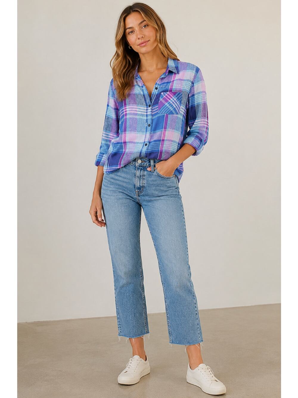 RAILS Charli Laguna Coast Plaid Shirt Blue Pink Coastal Preppy Button Front S
